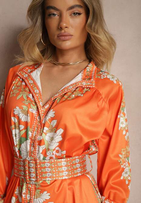 Pomarańczowa Sukienka w Kwiaty o Koszulowym Kroju z Paskiem Alanisia