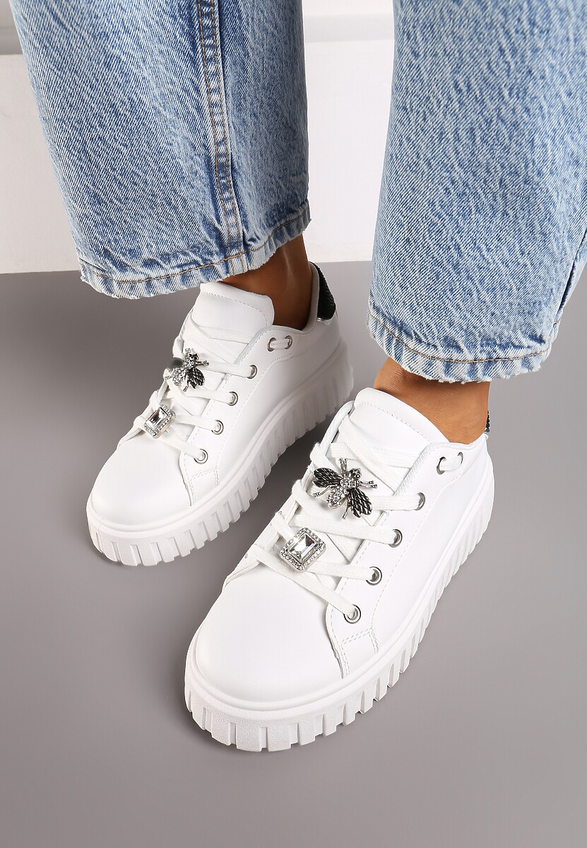 Biało-Czarne Sneakersy na Platformie Ozdobione Metaliczną Wstawką i Aplikacjami z Cyrkonii Qulina