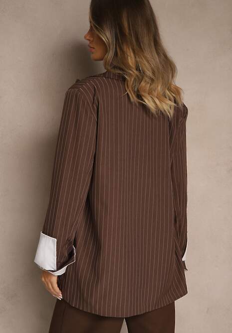 Ciemnobrązowa Marynarka Jednorzędowa o Pudełkowym Kroju w Pionowe Paski Eonevia