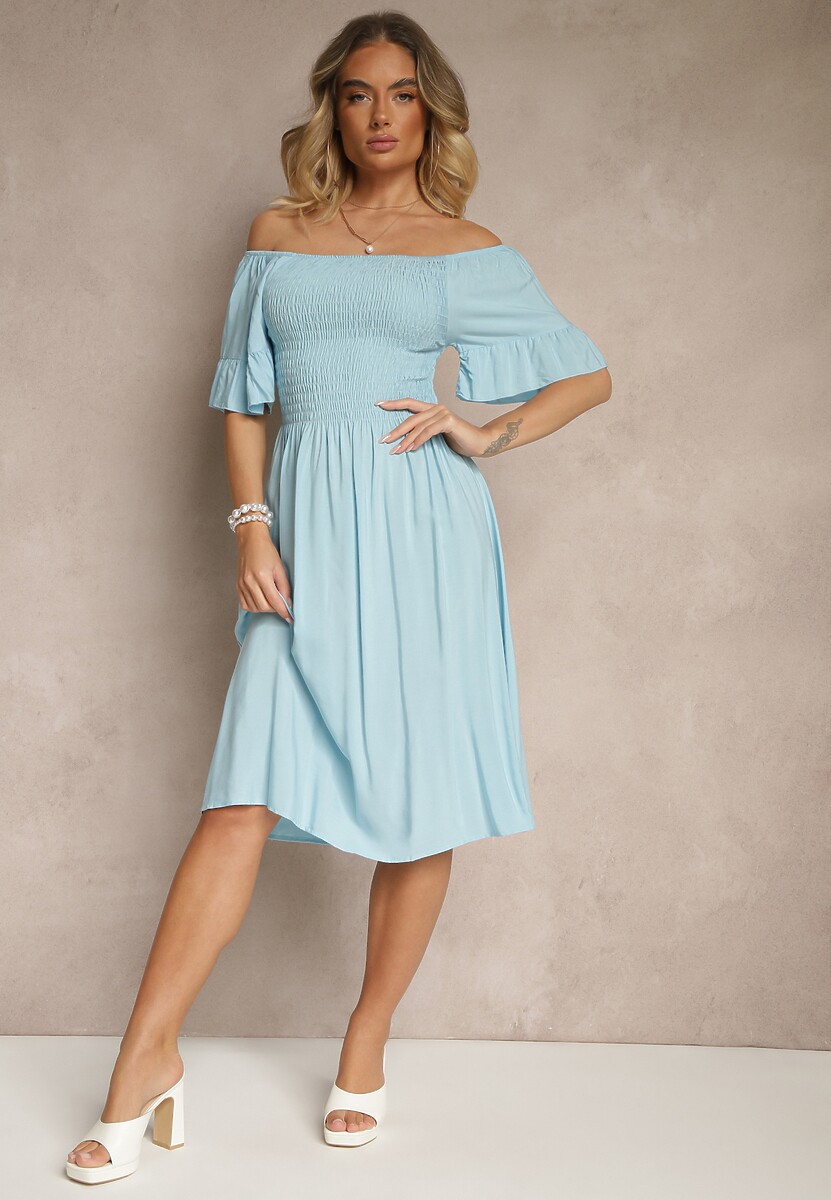 Jasnoniebieska Sukienka Rozkloszowana z Bawełny z Bufkami w Ramionach i Gumkami w Biuście Norlio