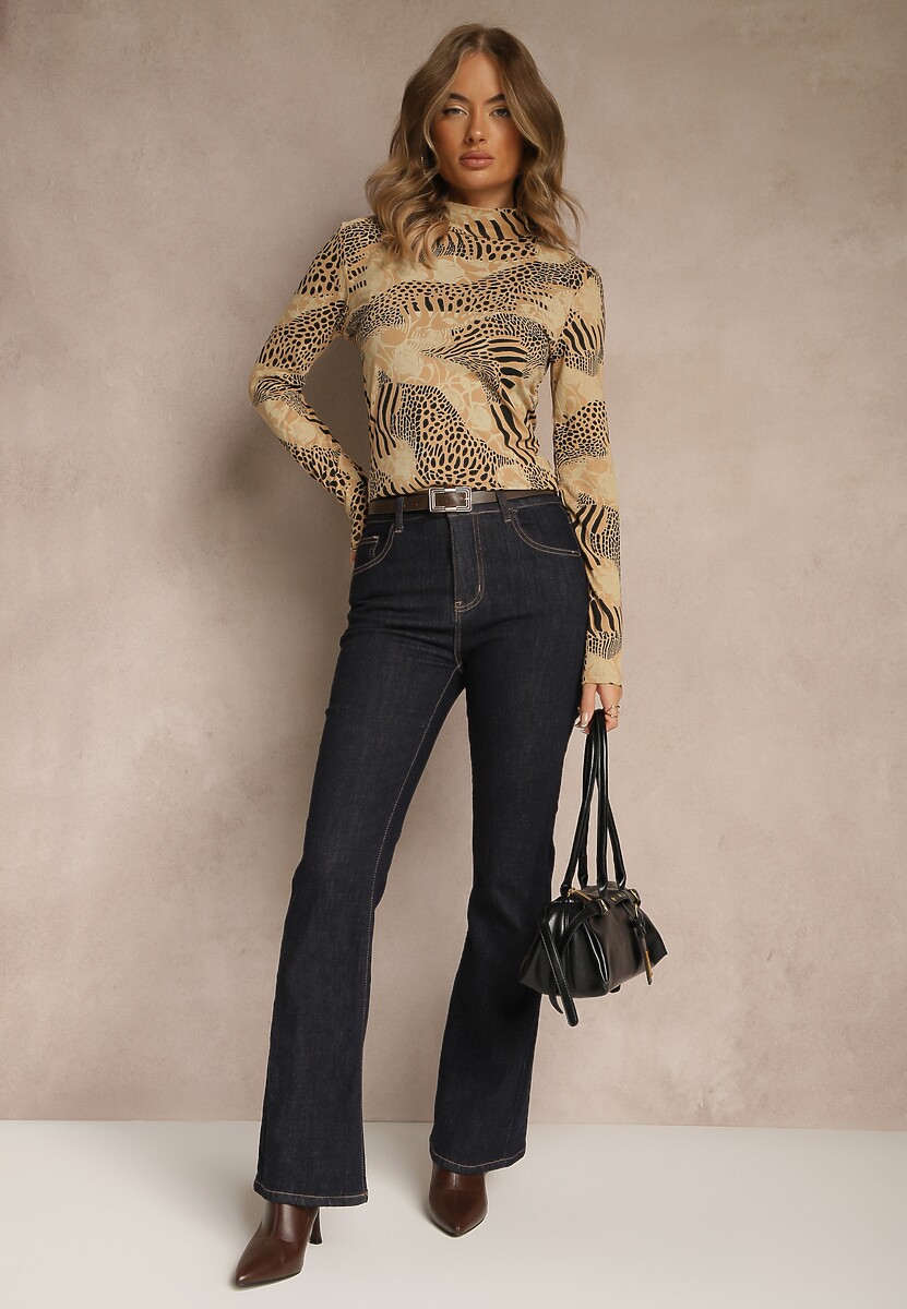 Beżowo-Czarna Bluzka Longsleeve z Bawełny z Półgolfem i Panterkowym Printem Unalla