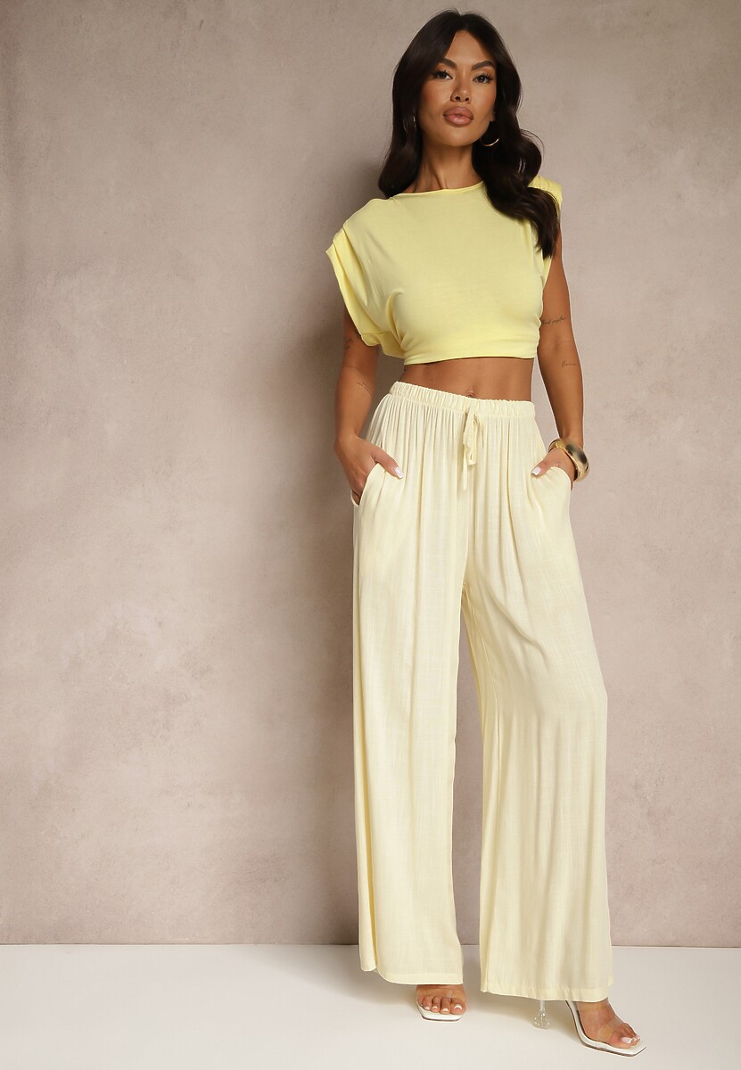 Jasnożółte Szerokie Spodnie High Waist z Gumką w Talii Ilnena