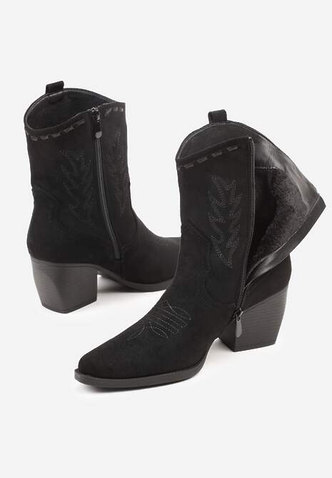 Czarne Botki Kowbojki na Stożku Ozdobione Haftem Falacine