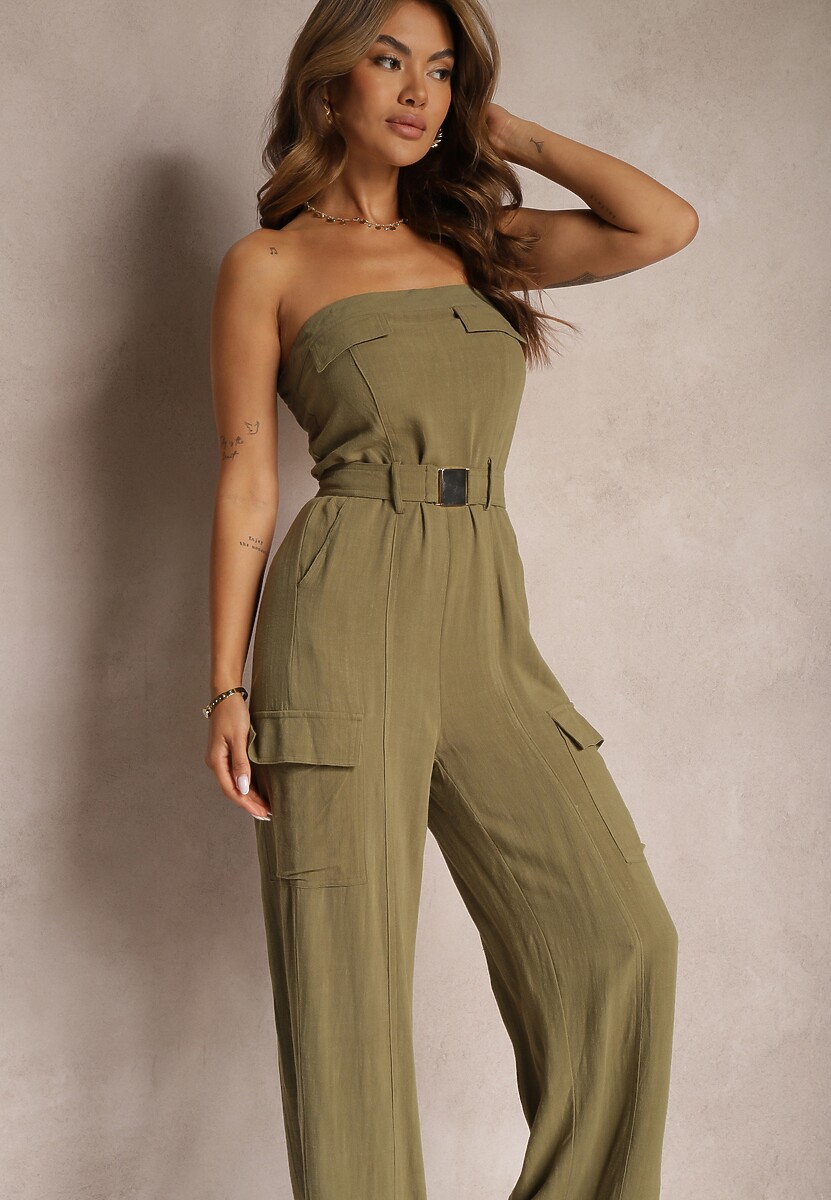 Ciemnozielony Taliowany Kombinezon z Wiskozą i Lnem Rosefia