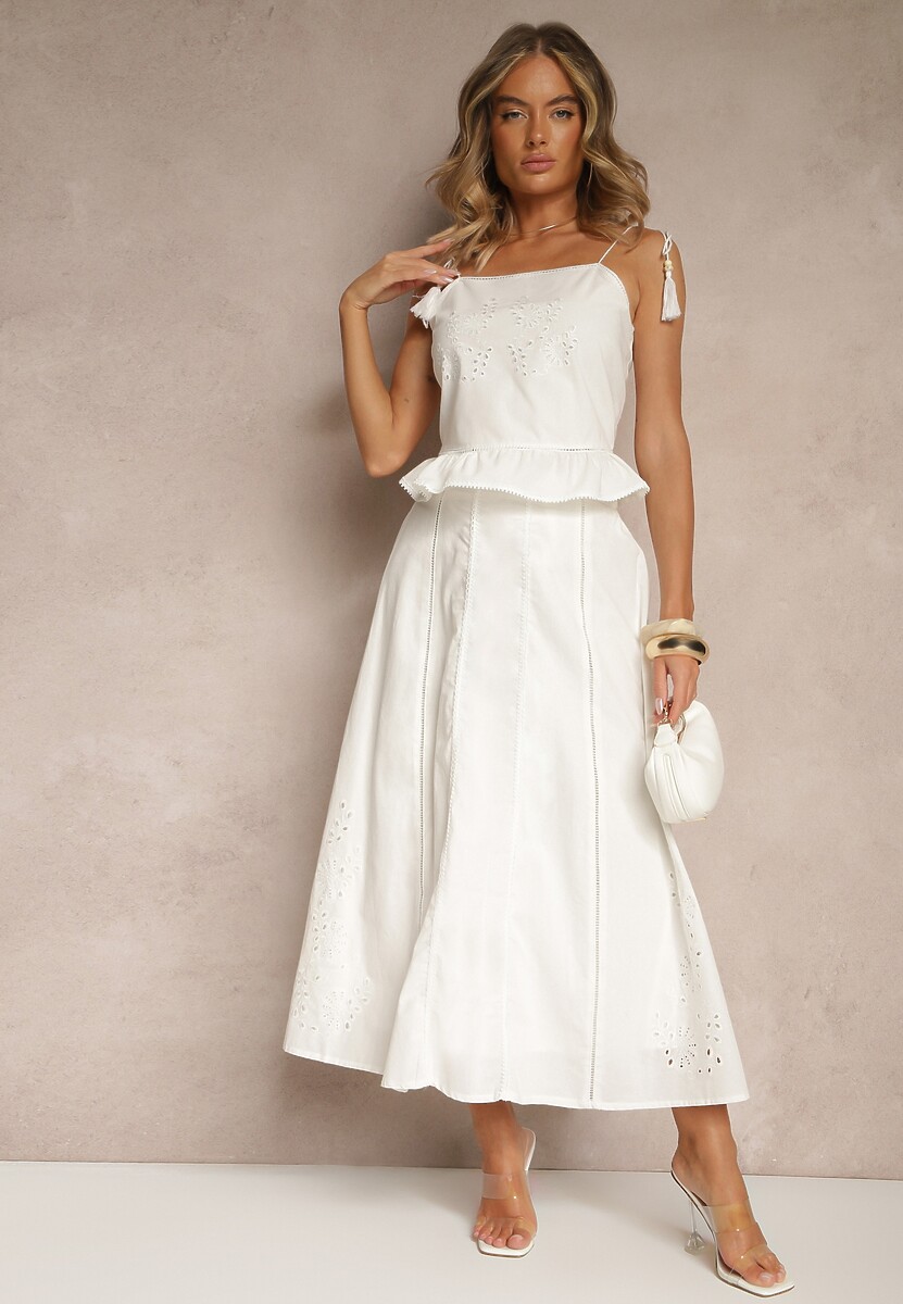 Biała Rozkloszowana Spódnica z Bawełny z Haftowanymi Detalami Tolanisse