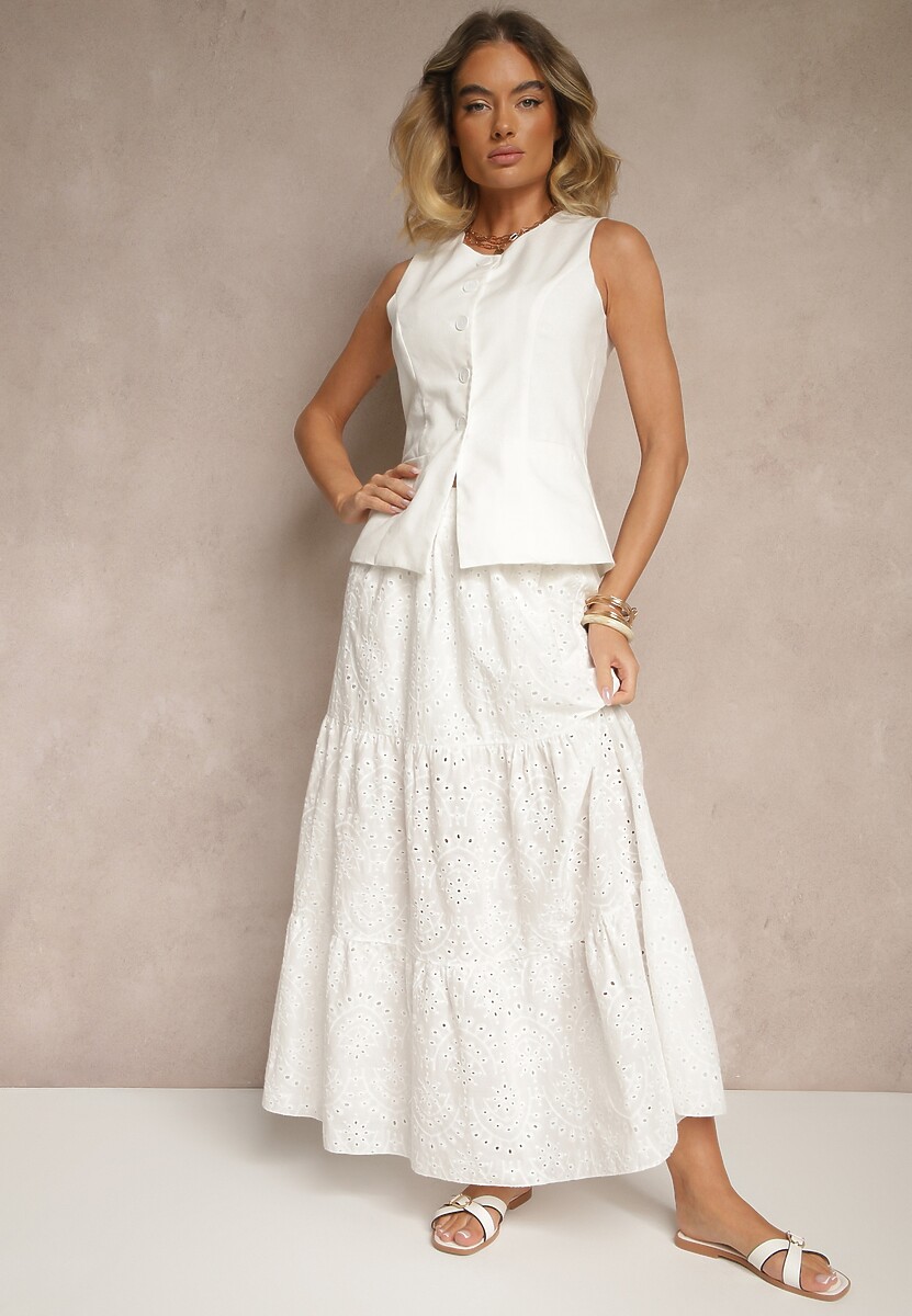 Biała Bawełniana Spódnica Ażurowa o Rozkloszowanym Fasonie Mevalinne