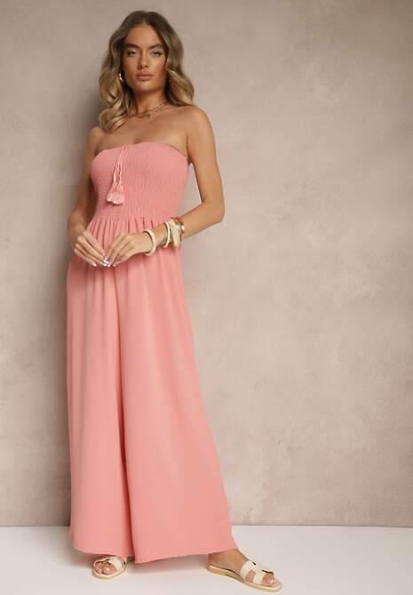 Różowy Kombinezon Bandeau z Szeroką Nogawką Zdobiony Frędzlami Dovaira