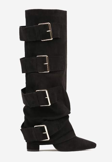 Czarne Kozaki na Słupkowym Obcasie z Klamrami i Cholewką Imitującą Nogawkę Arwellia