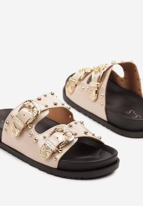 Beżowe Klapki z Ozdobnymi Paskami ze Sprzączkami i Nitami Aveloiti