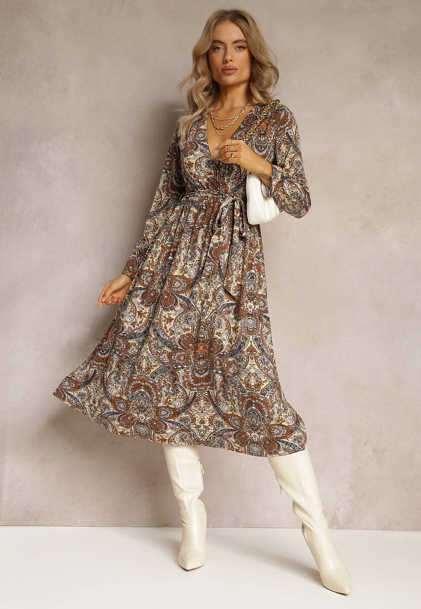 Brązowo-Beżowa Sukienka Midi z Wzorem Paisley i Gumką w Talii Alynthe
