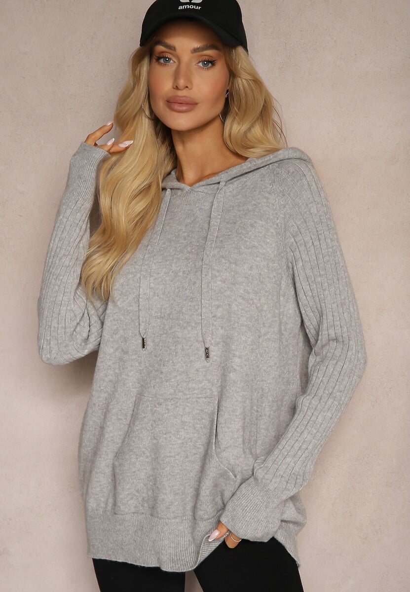 Ciemnobrązowy  Sweter z Wiskozą i Kaszmirem oraz z Kapturem Nerolin