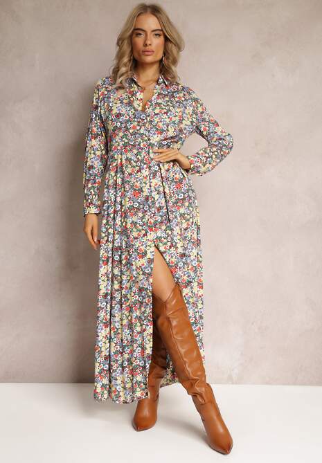 Żółto-Niebieska Sukienka Koszulowa w Kwiaty Mirannie