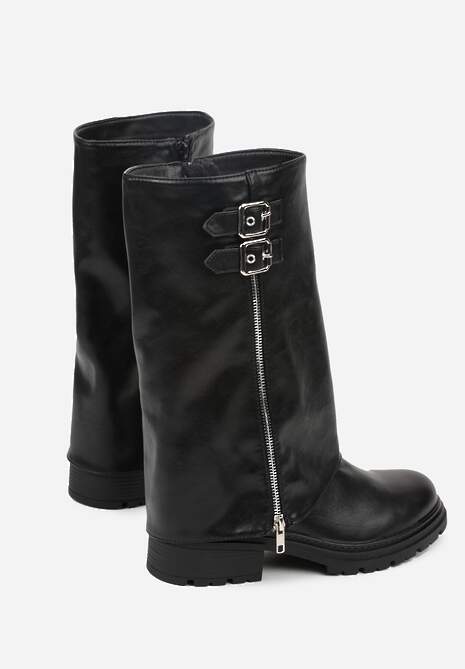 Czarne Botki z Wywiniętą Cholewką Zdobioną Suwakiem i Sprzączkami Eevea