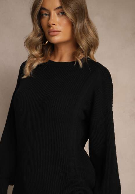 Czarny Sweter z Wiskozą o Prostym Kroju z Bocznym Ściągaczem Tivadella