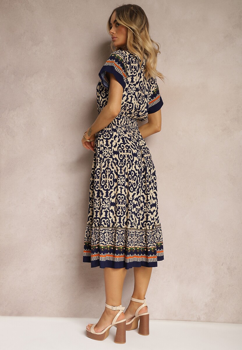 Granatowa  Sukienka z Bawełny z Trójkątnym Dekoltem i Gumką w Talii Zapinana na Guziki Lavlea