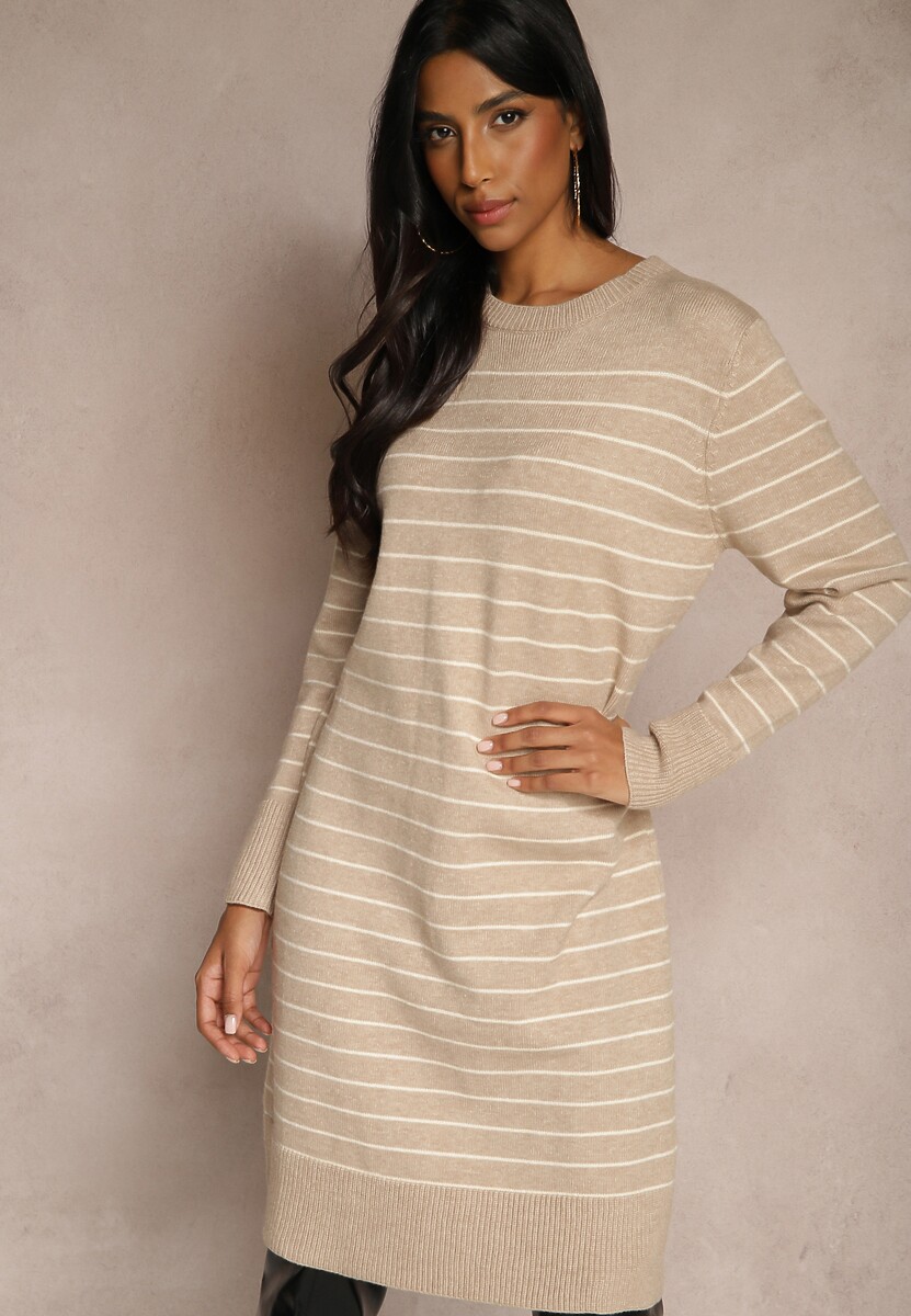 Czarna Dzianinowa Sukienka z Wiskozą Zdobiona Wzorem w Paski i Ściągaczami Delwenna