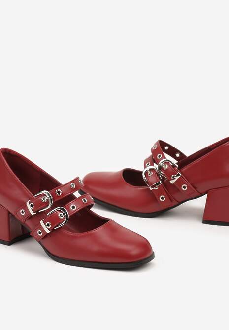 Bordowe Czółenka na Kwadratowym Obcasie Zapinane na Sprzączki Arreria