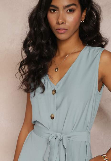 Jasnoniebieska Trapezowa Sukienka Midi bez Rękawów z Wiązanym Paskiem Ajana