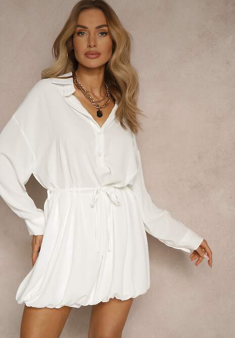 Biała Sukienka Koszulowa o Fasonie Balloon z Wiązaniem w Talii Vorema