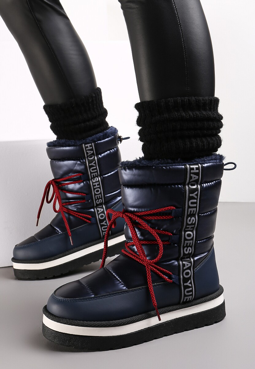 Granatowe Ocieplane Wsuwane Śniegowce na Grubej Podeszwie z Ozdobną Taśmą z Napisami Bharali