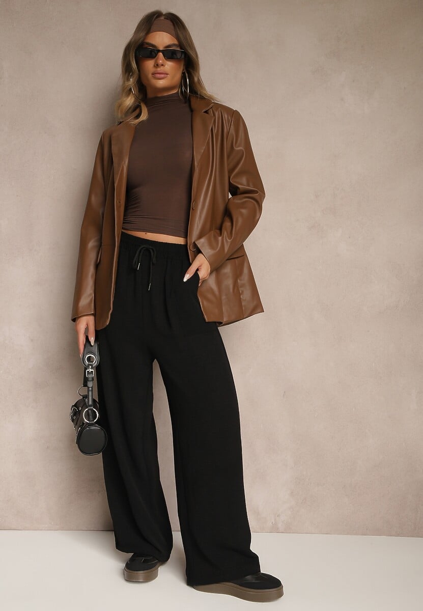 Czarne Szerokie Spodnie z Wiskozą z Gumką w Pasie Lealirre