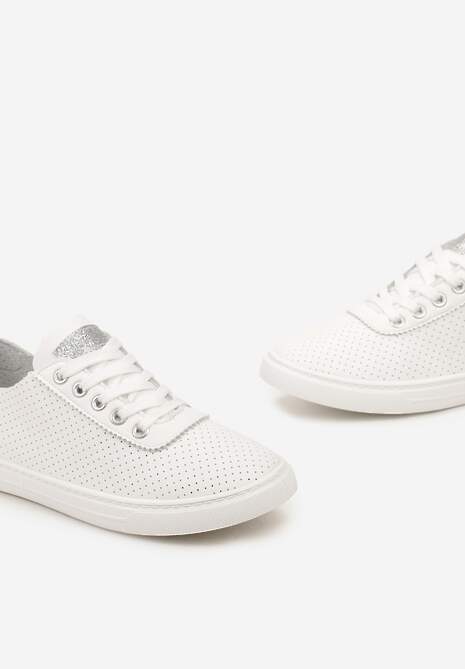 Biało-Srebrne Tenisówki ze Skóry ze Wstawkami z Brokatu Klerioa