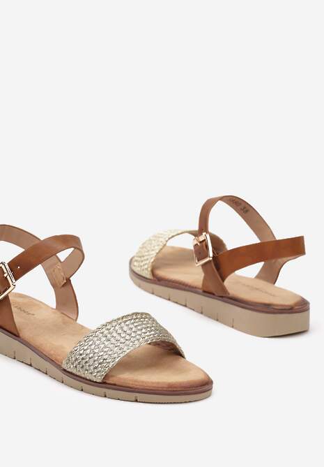 Złote Sandały na Płaskiej Podeszwie z Plecioną Paskiem Jutowym Tesarine