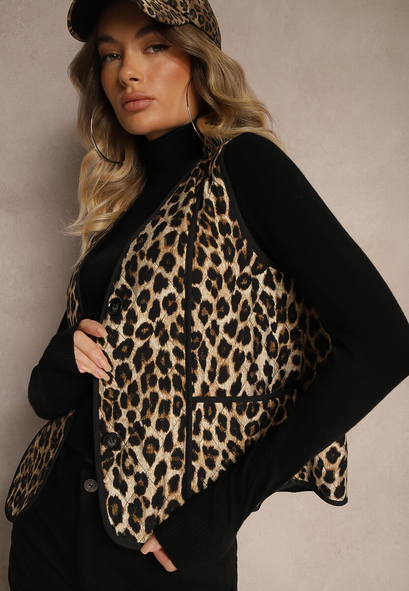 Brązowa Panterkowa Kamizelka z Wiskozą i Ozdobnymi Przeszyciami Rinnice