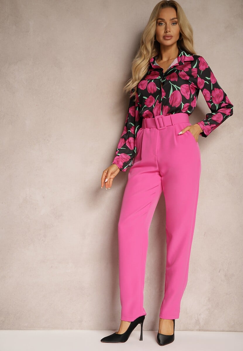 Ciemnoróżowe Spodnie Garniturowe High Waist z Paskiem Wenus