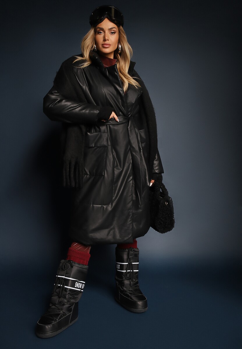 Czarny Płaszcz z Imitacji Skóry z Wiązanym Paskiem Tosha