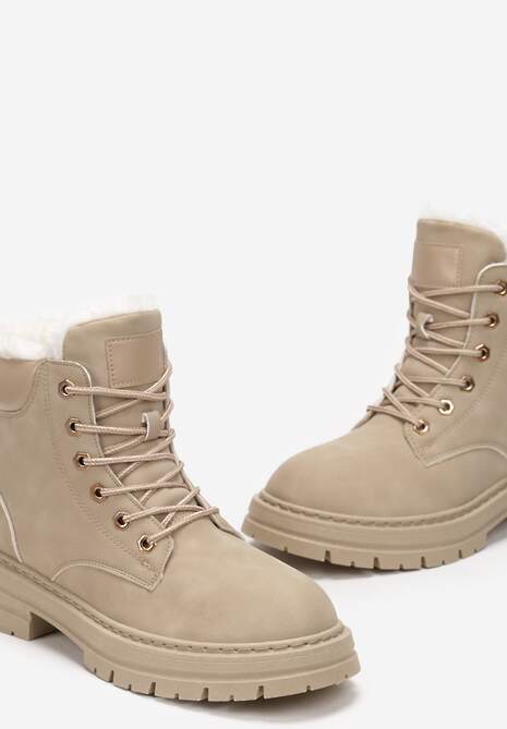 Beżowe Traperki Mocno Ocieplone Sztucznym Futerkiem Janeka