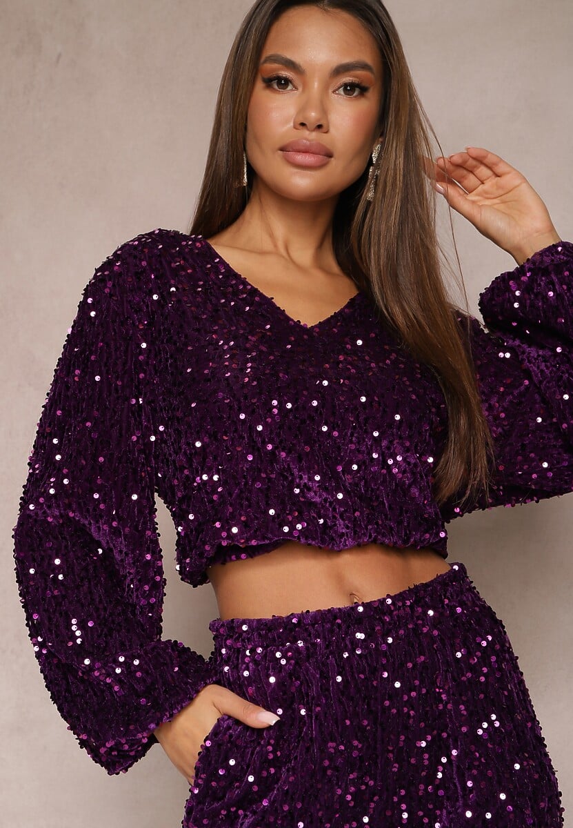 Fioletowa Cekinowa Bluzka o Luźnym Kroju Wykończona Ściągaczem Aprenna