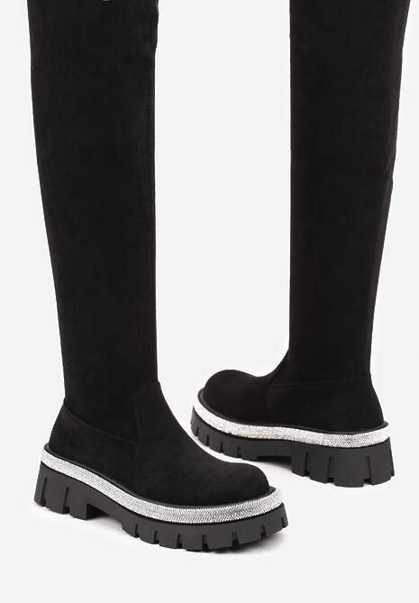 Czarne Kozaki Muszkieterki na Platformie Ozdobione Cyrkoniami Vomekia