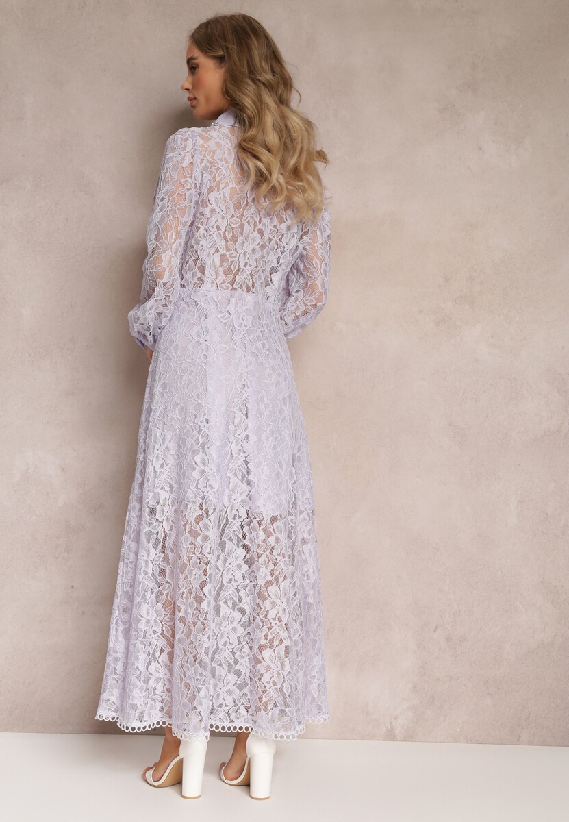 Fioletowa Koszulowa Sukienka Maxi z Ozdobnymi Guzikami i Cyrkoniami z Koronkowej Tkaniny Armina