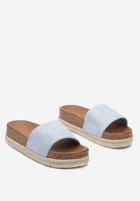 Jasnoniebieskie Klapki na Płaskiej Podeszwie Imitującej Korek z Wkładką z Imitacji Skóry Vericella