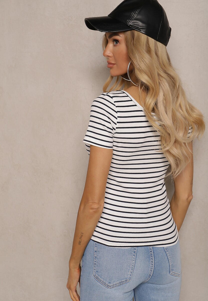 Biało-Granatowy Bawełniany T-shirt Koszulka w Paski z Krótkim Rękawem Fralea