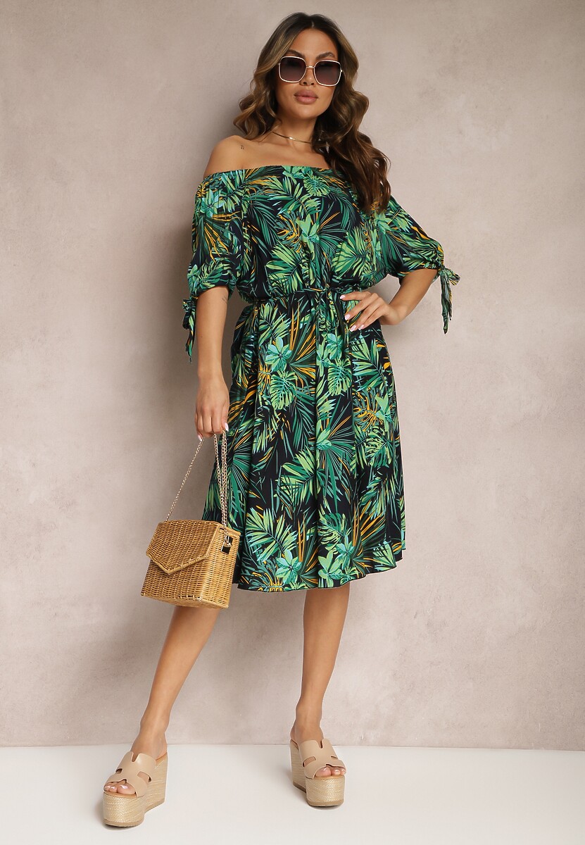 Granatowo-Zielona Sukienka Hiszpanka Bawełniana z Materiałowym Paskiem Wiązana przy Rękawach Daritia