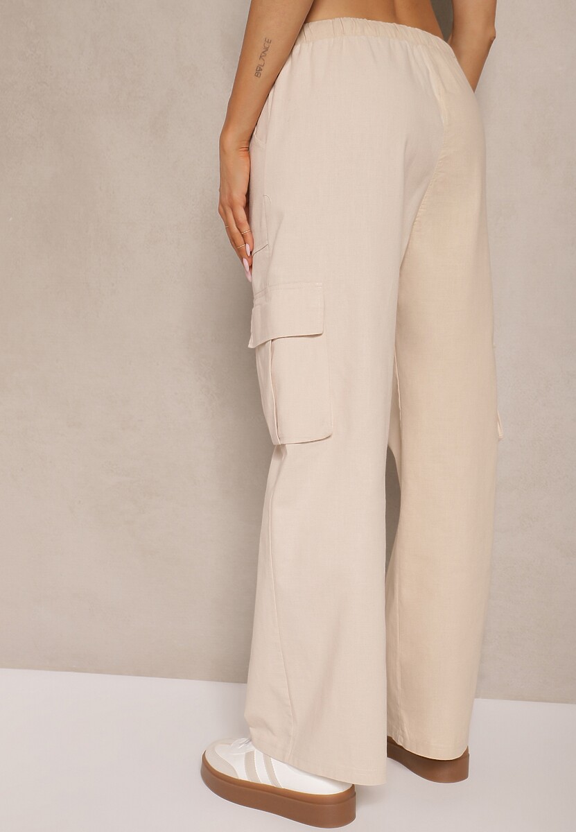 Beżowe Spodnie z Bawełny o Szerokim Kroju Cargo High Waist Katienne