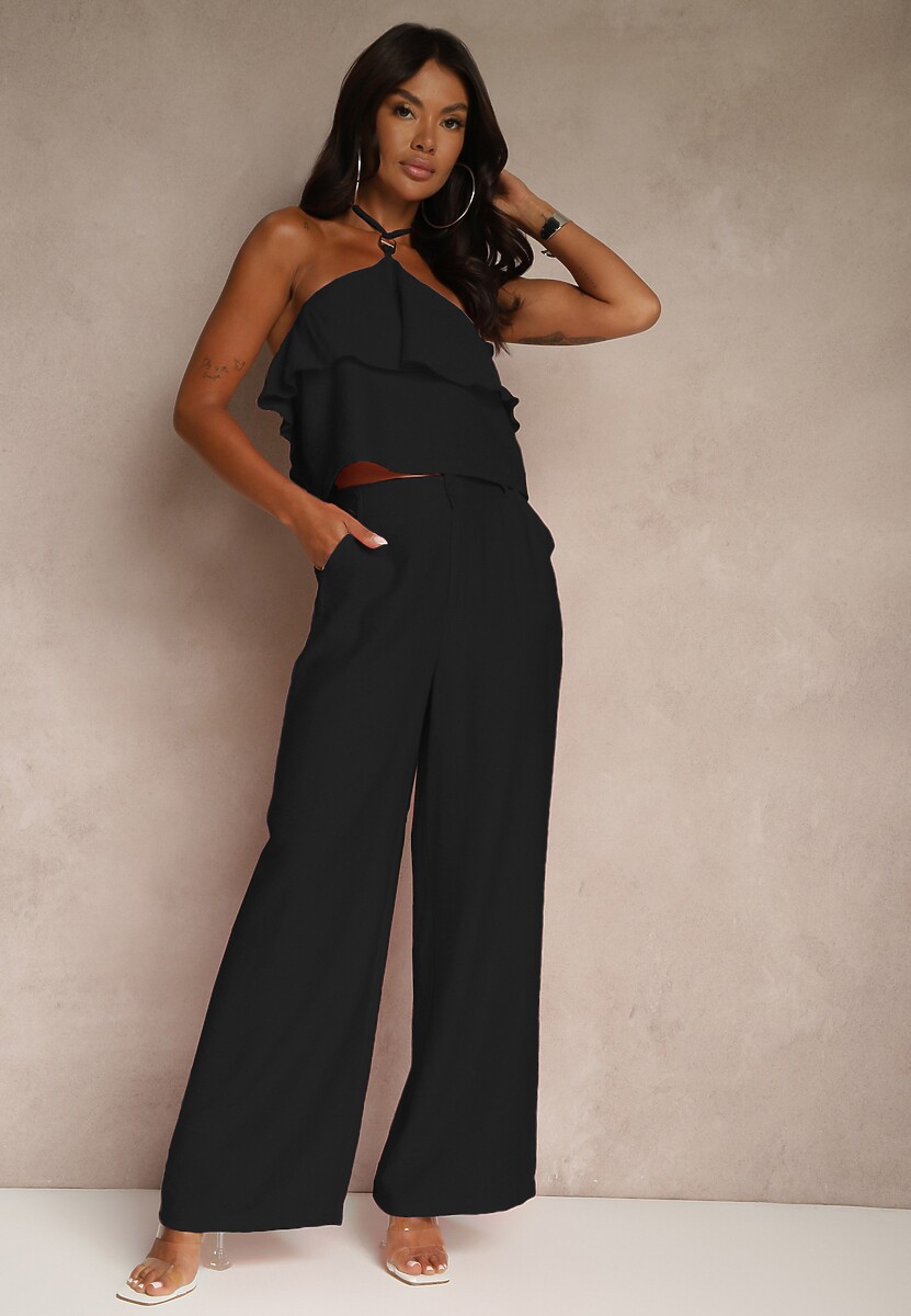 Beżowy Komplet z Wiskozą Spodnie i Bluzka z Aplikacją i Falbaną Dolirela