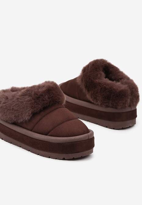 Brązowe Niskie Śniegowce Ekozamszowe na Platformie z Pikowaniem i Futerkiem Realira