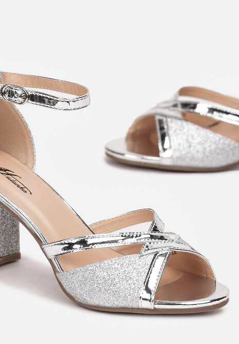 Srebrne Sandały Brokatowe na Słupku Layo