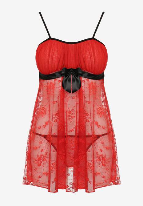 Czerwono-Czarna Koronkowa Koszula Nocna i Stringi z Kokardą Ericana