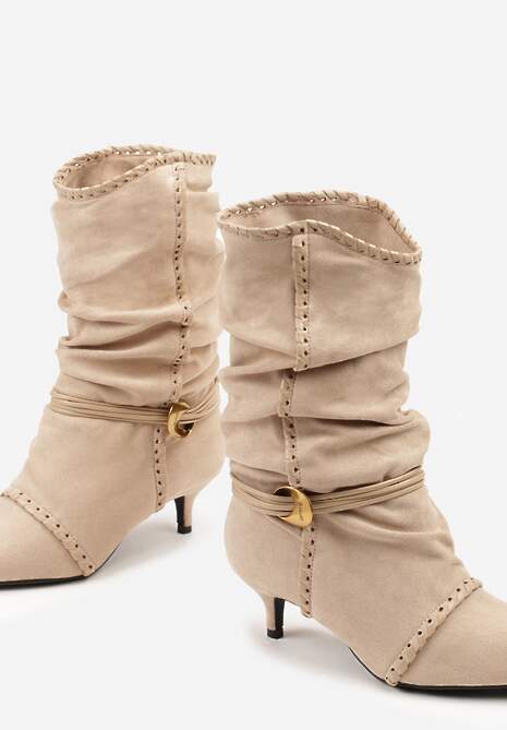 Beżowe Botki na Kaczuszce Slouchy Ozdobione Metaliczną Aplikacją i Sznurkiem Avodvire