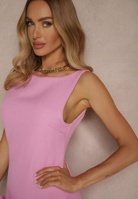 Różowa Sukienka w Stylu Bombki z Ozdobną Falbaną Efavara