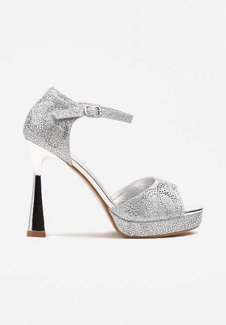 Srebrne Sandały na Szpilce z Brokatem i Cyrkoniami Fenanora