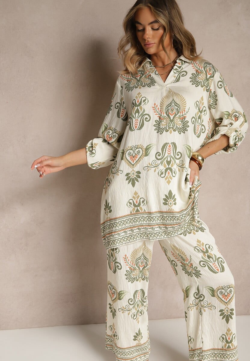 Beżowo-Czarny Komplet z Wiskozą Szerokie Spodnie i Bluzka w Stylu Boho Rinadora