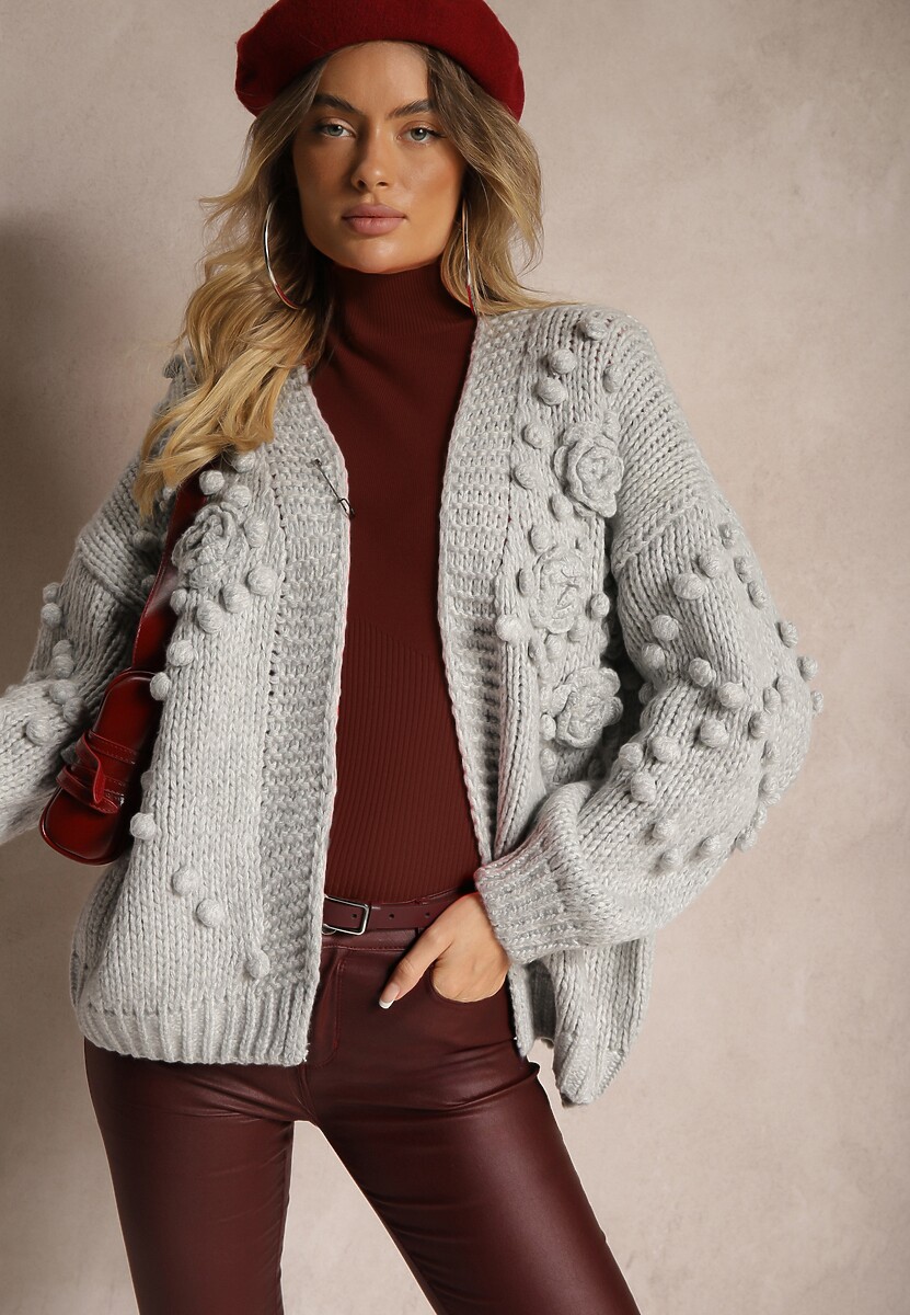 Szary Kardigan Bez Zapięć z Wełną i Wiskozą z Kwiatowymi Detalami 3D Mirima