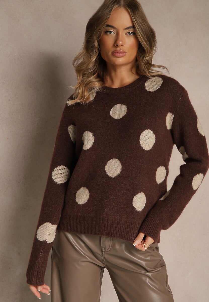 Brązowy Sweter z Wełną o Prostym Kroju w Grochy Fenilevia