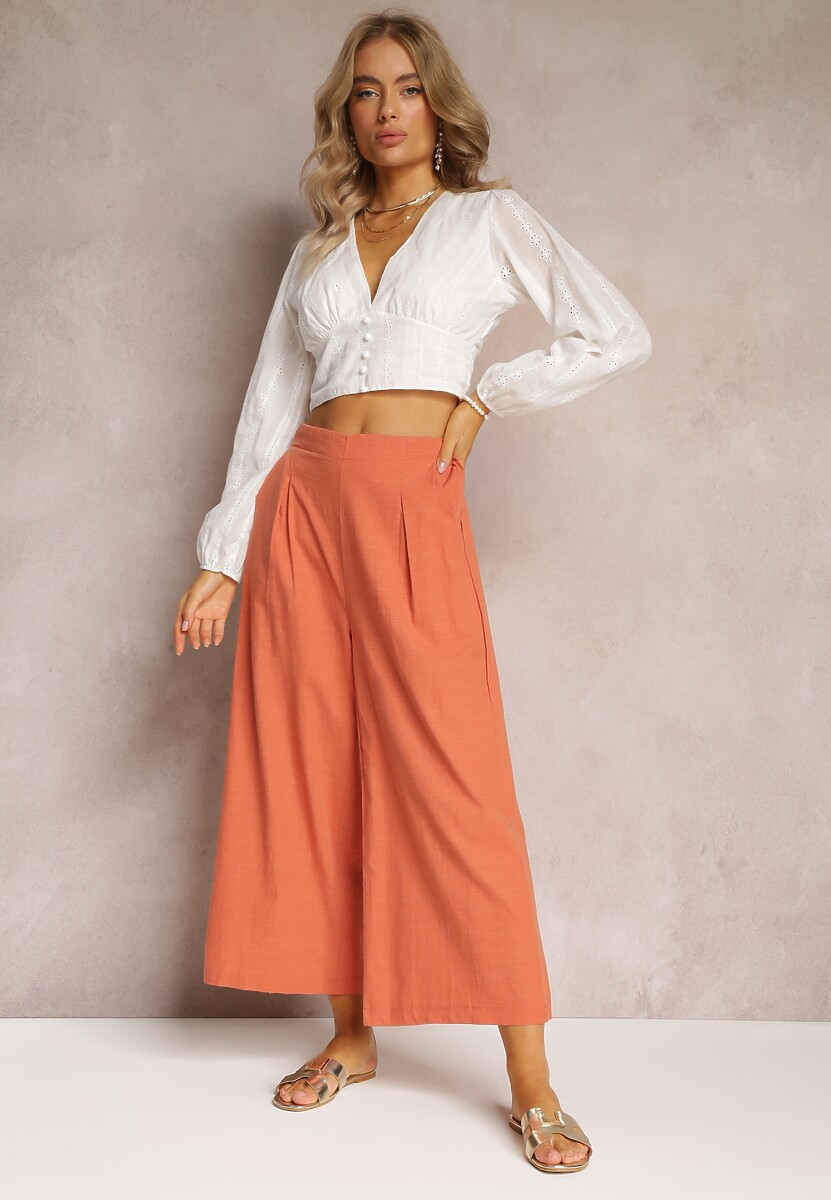 Pomarańczowe Szerokie Spodnie z Gumką w Pasie Vithan