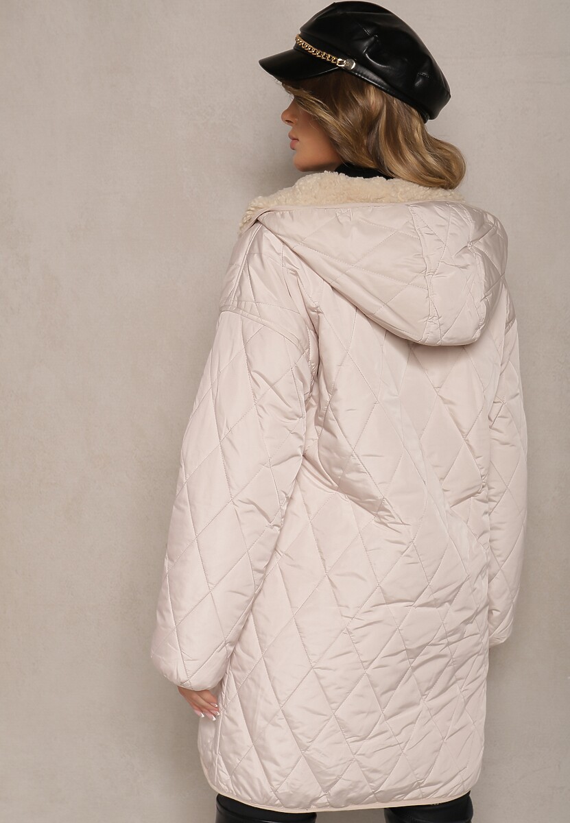 Jasnobeżowa Pikowana Kurtka Dwustronna z Futrem i Kapturem Emalira
